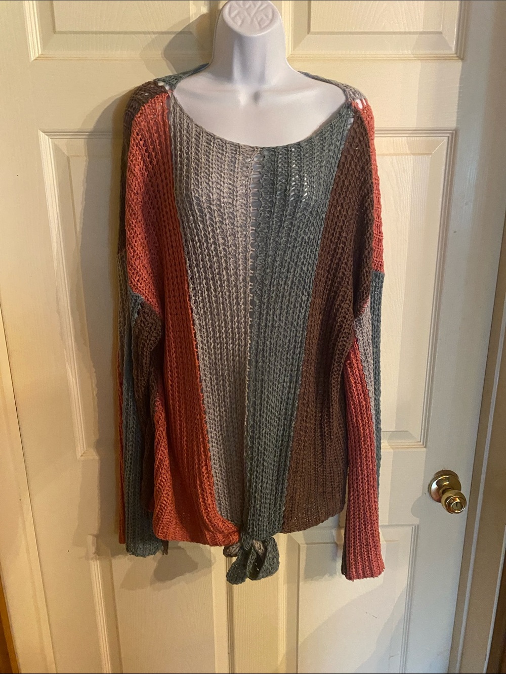 DAVI & DANI Striped Crewneck Tie-Hem Sweater - Coral, Gray, Brown, Green